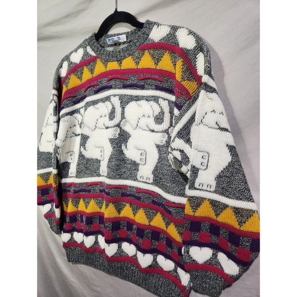 80's ROSE Acrylic Dancing Elephants & Hearts Chunky Knit Acrylic Sweater Medium - Picture 3 of 8